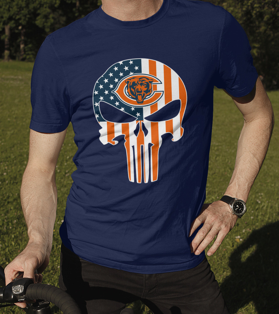 Chicago Bears The Punisher Skull American Flag T-Shirt