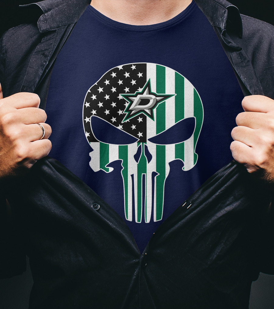 Dallas Stars Punisher Skull American Flag Stripe T-Shirt