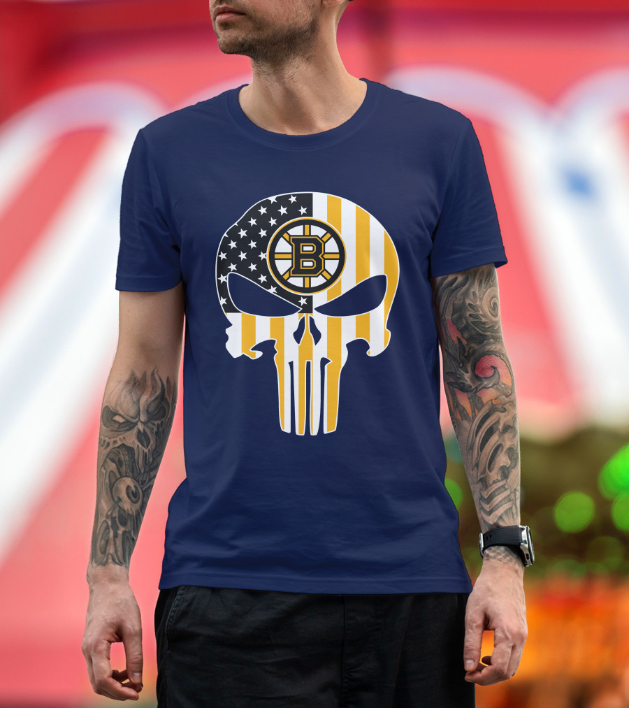 Boston Bruins The Punisher American Flag Skull T-Shirt