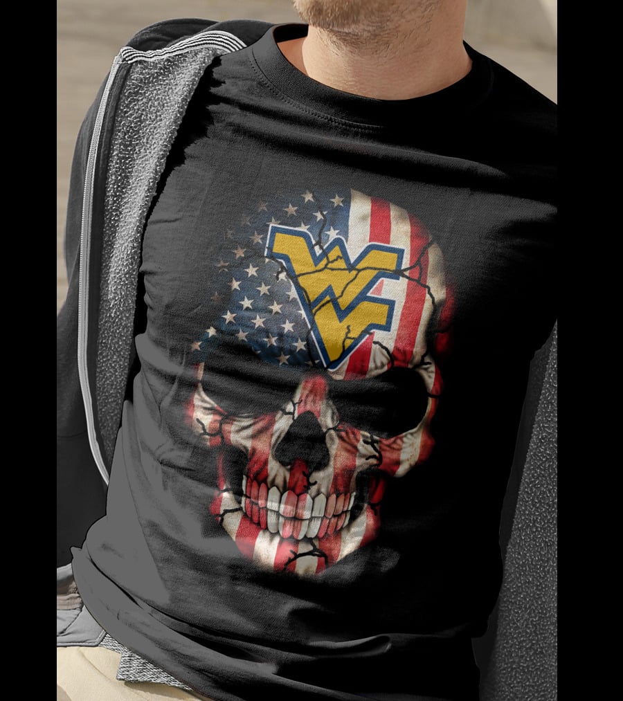 American Flag Skull With West Virginia Mountaineers T-Shirt