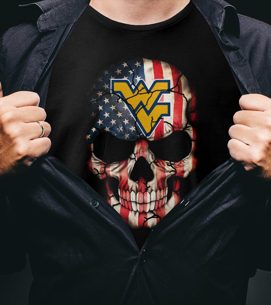 American Flag Skull With West Virginia Mountaineers T-Shirt