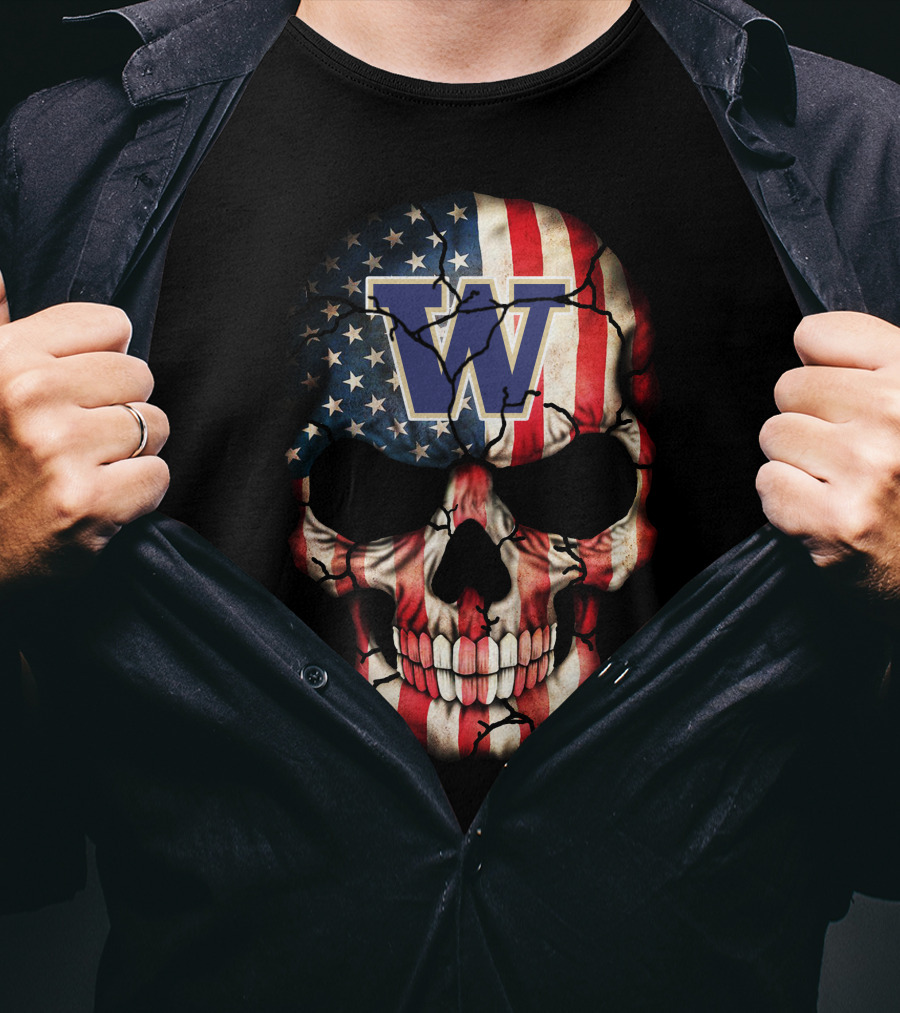 W Washington Huskies American Flag Skull T-Shirt