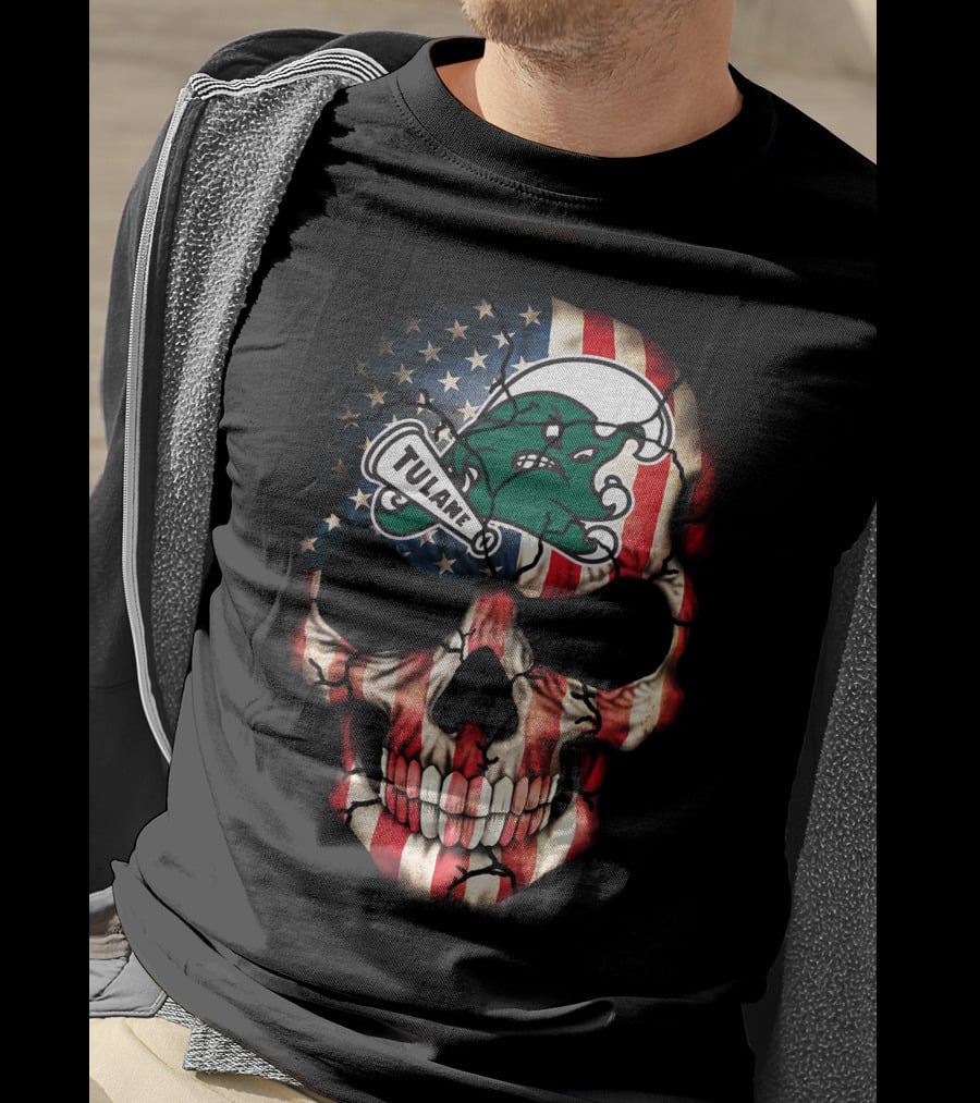 Patriotic Skull With Tulane Green Wave Logo On American Flag Style T-Shirt