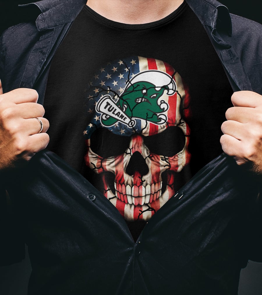Patriotic Skull With Tulane Green Wave Logo On American Flag Style T-Shirt