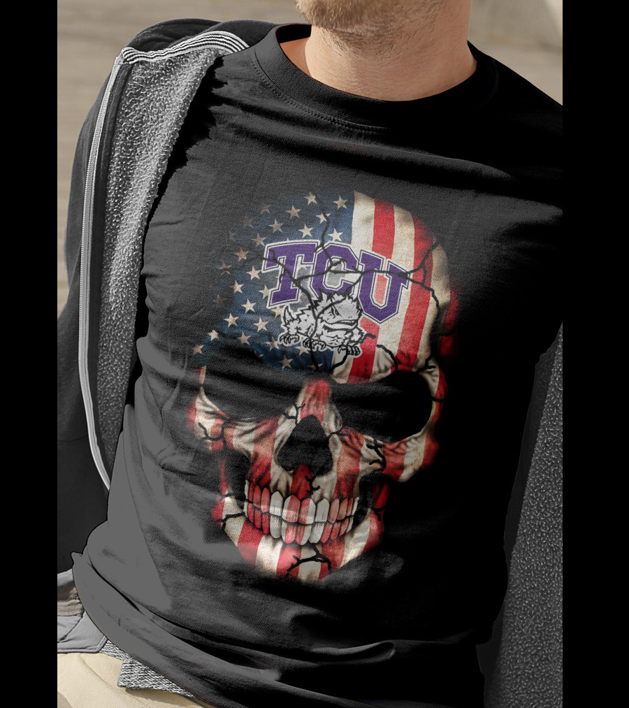 Tcu Horned Frogs American Flag Skull T-Shirt