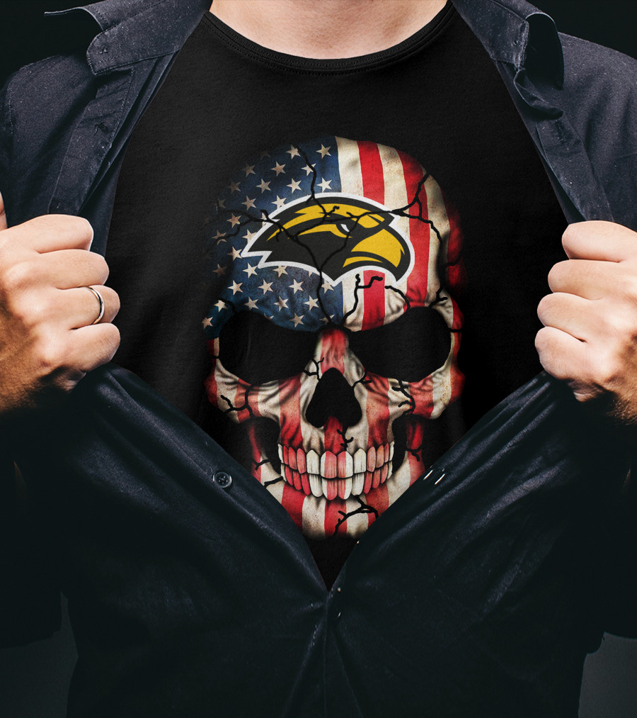 Skull With American Flag And Southern Mississippi Golden Eagles T-Shirt