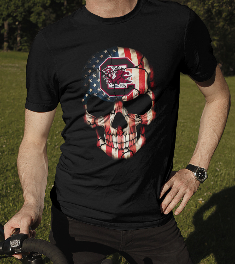 American Flag Skull With South Carolina Gamecocks T-Shirt