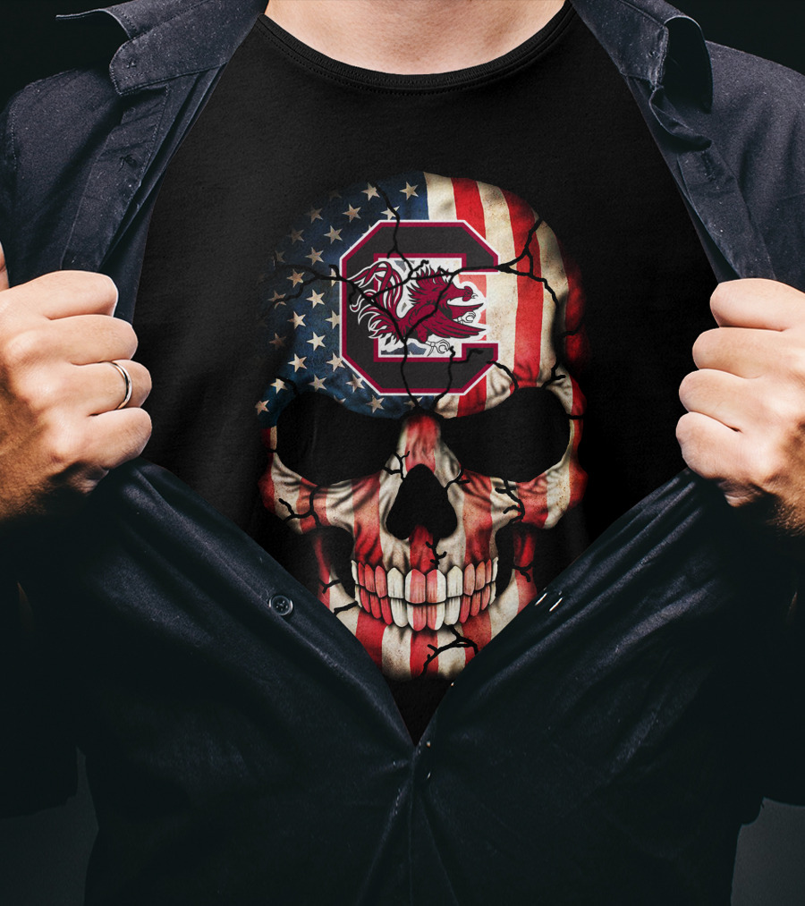 American Flag Skull With South Carolina Gamecocks T-Shirt