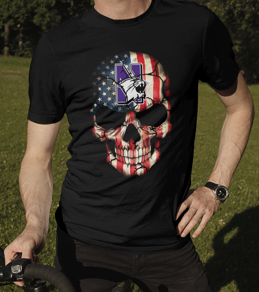 Northwestern Wildcats American Flag Skull 53 T-Shirt
