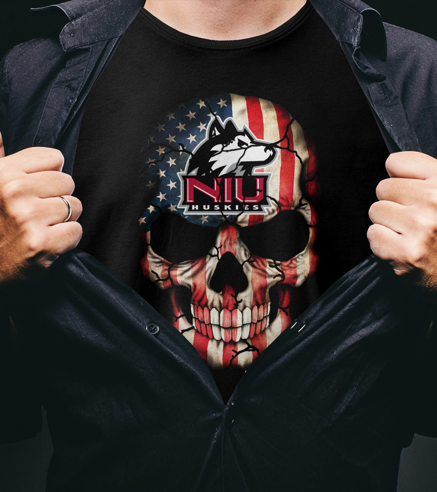 Niu Huskies American Flag Skull T-Shirt