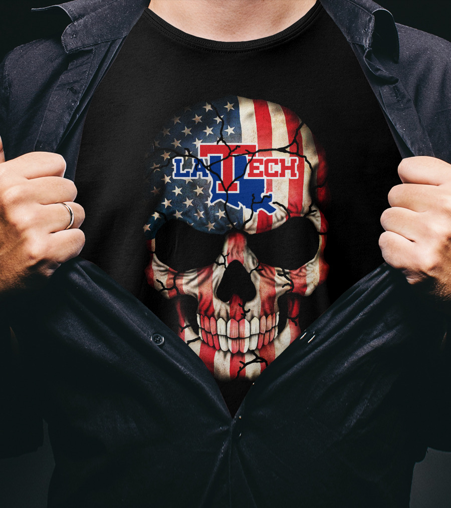 La Tech Bulldogs Usa Flag Skull T-Shirt