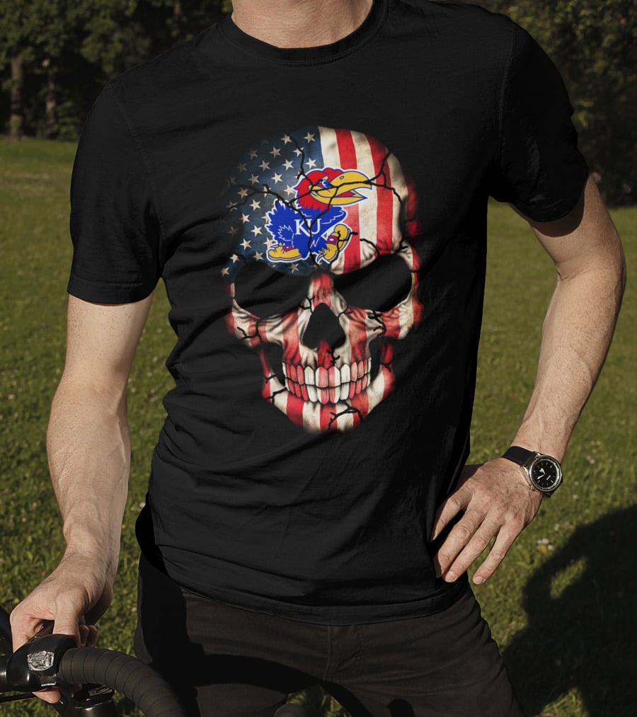 Patriotic Skull With Kansas Jayhawks Logo American Flag 80S Style T-Shirt