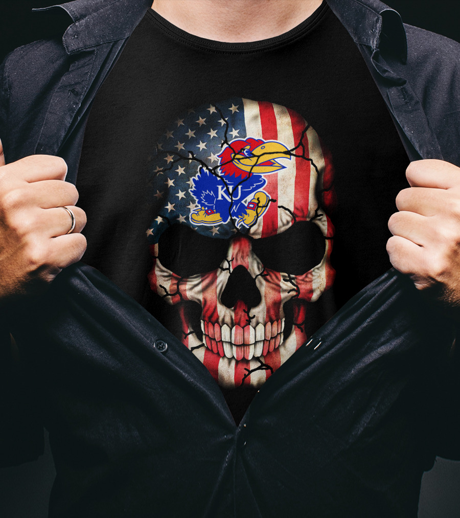 Patriotic Skull With Kansas Jayhawks Logo American Flag 80S Style T-Shirt