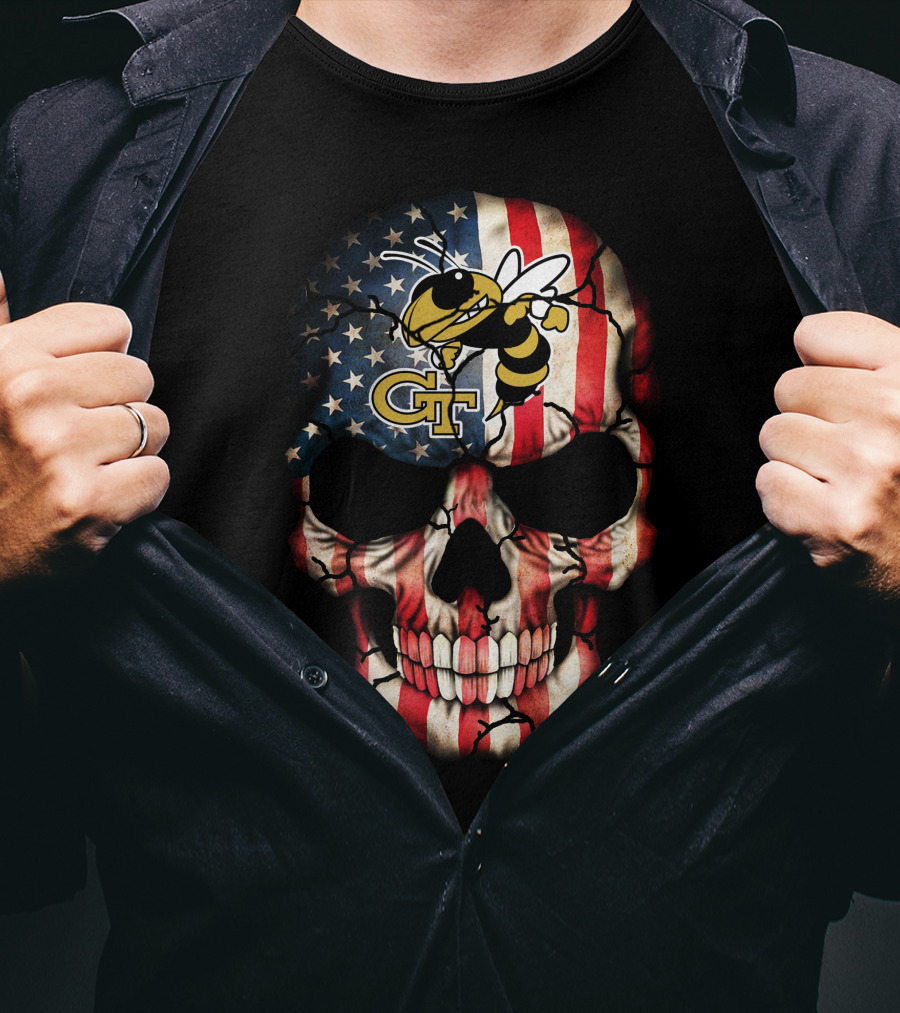 American Flag Skull With Georgia Tech Yellow Jackets Logo And Mascot T-Shirt