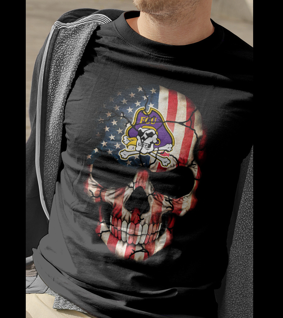 Skull With American Flag And Ecu Pirate T-Shirt