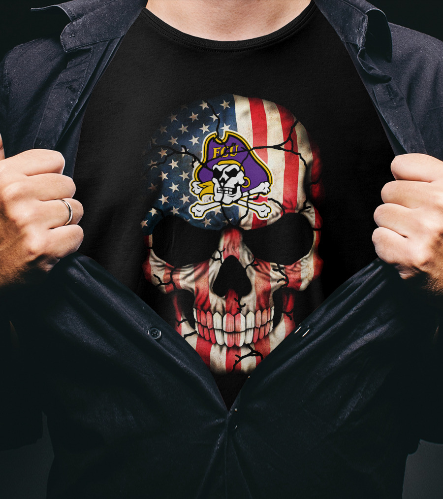 Skull With American Flag And Ecu Pirate T-Shirt
