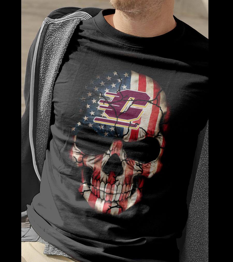 American Flag Skull With Central Michigan Chippewas T-Shirt
