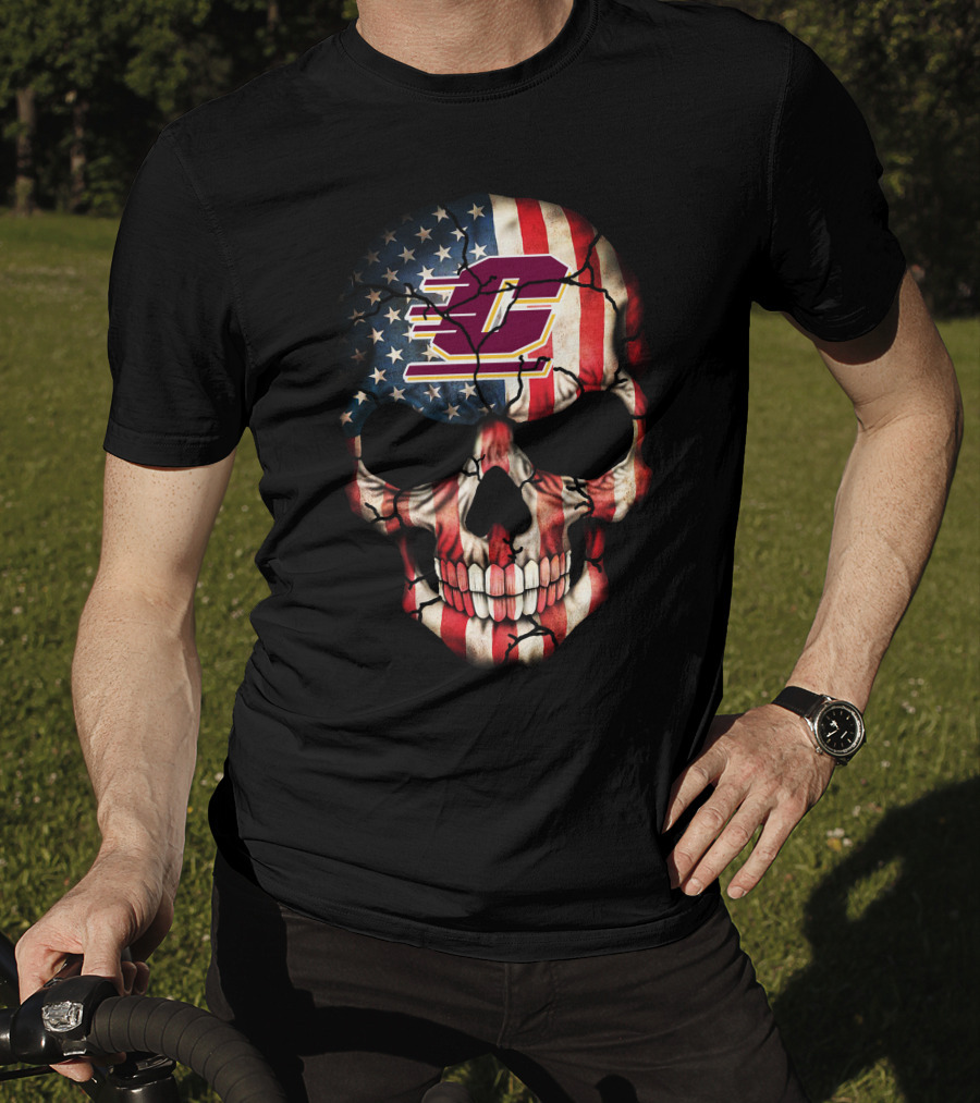 American Flag Skull With Central Michigan Chippewas T-Shirt