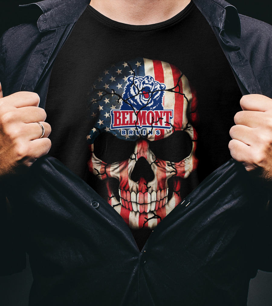 Belmont Bruins American Flag Skull With Bear T-Shirt