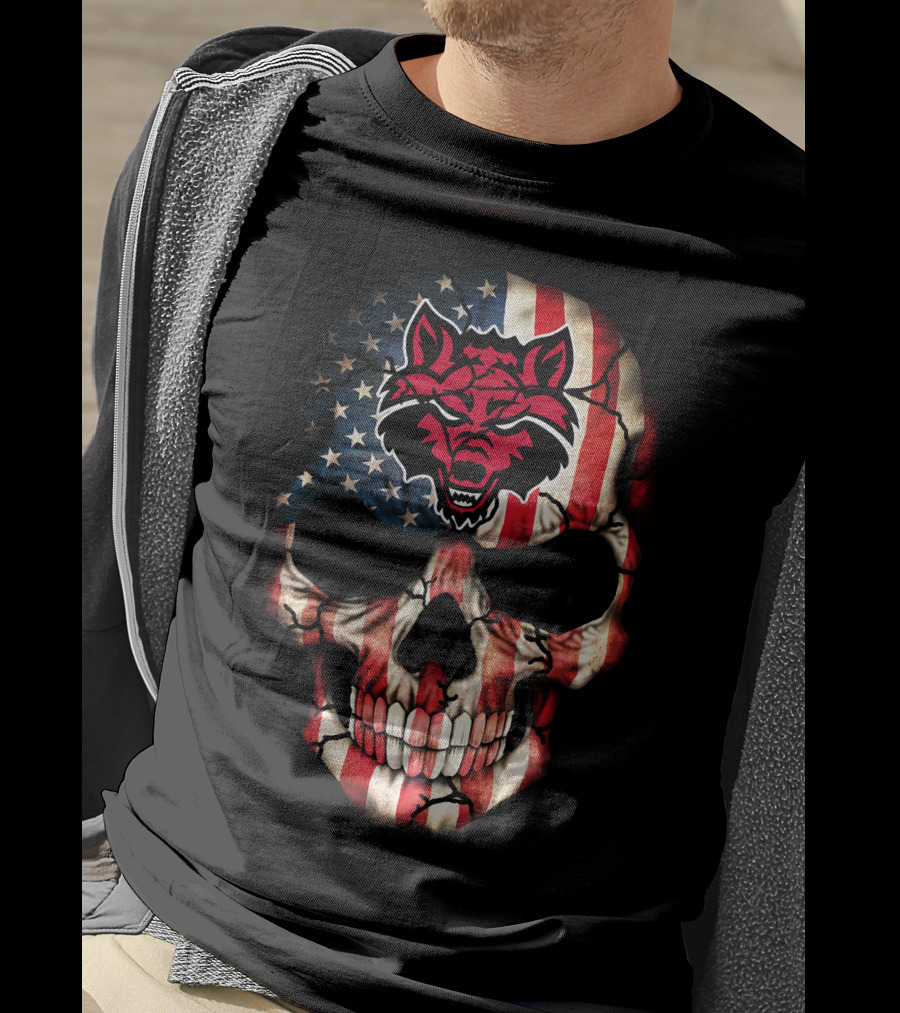 Arkansas State Red Wolves American Flag Skull T-Shirt