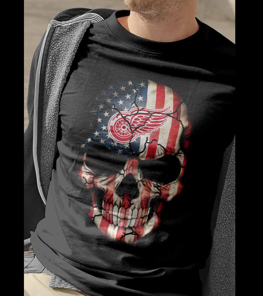 Detroit Red Wings American Flag Skull T-Shirt