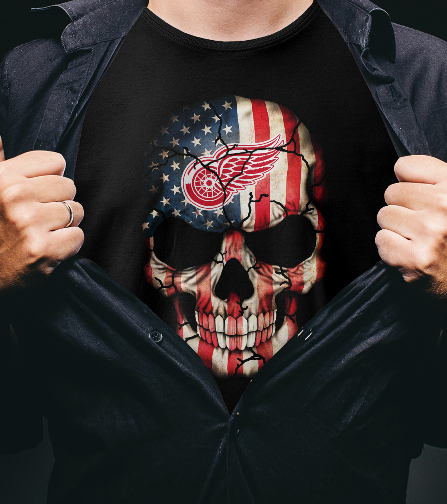 Detroit Red Wings American Flag Skull T-Shirt