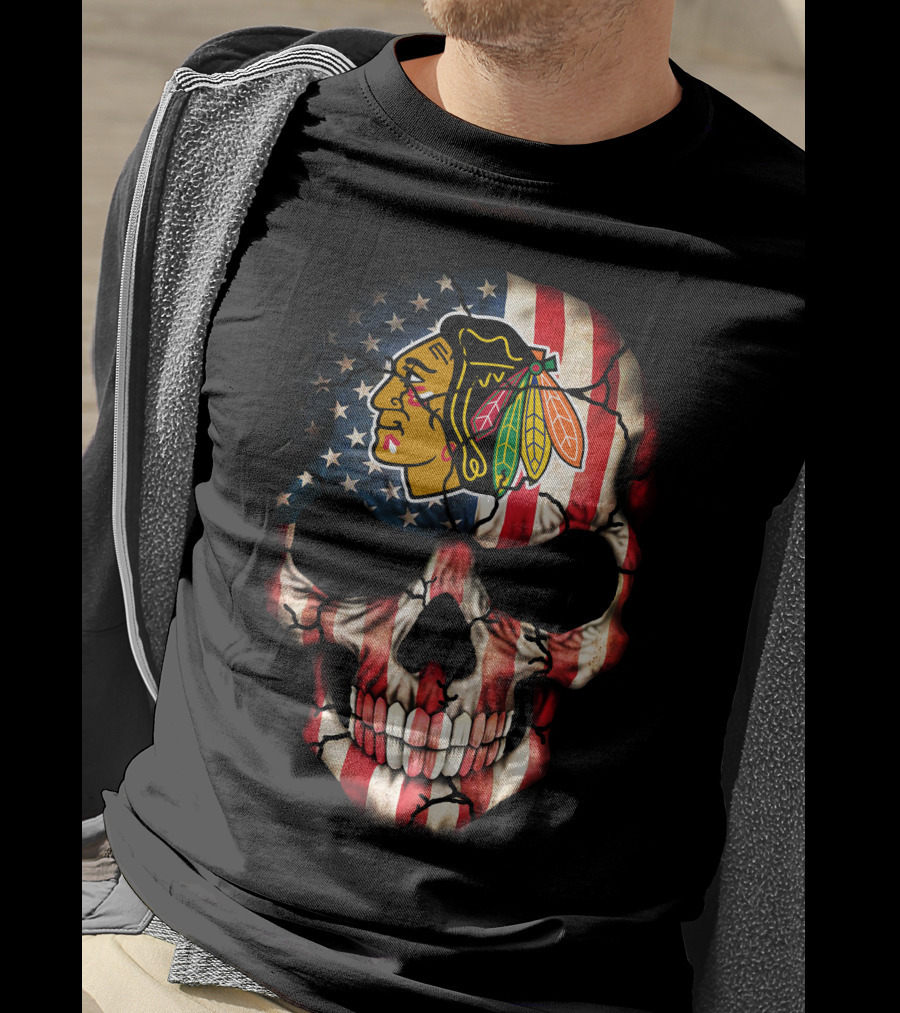 Chicago Blackhawks American Flag Skull T-Shirt