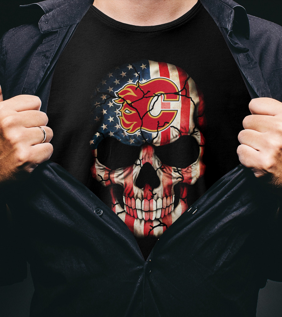 Calgary Flames Skull With American Flag T-Shirt