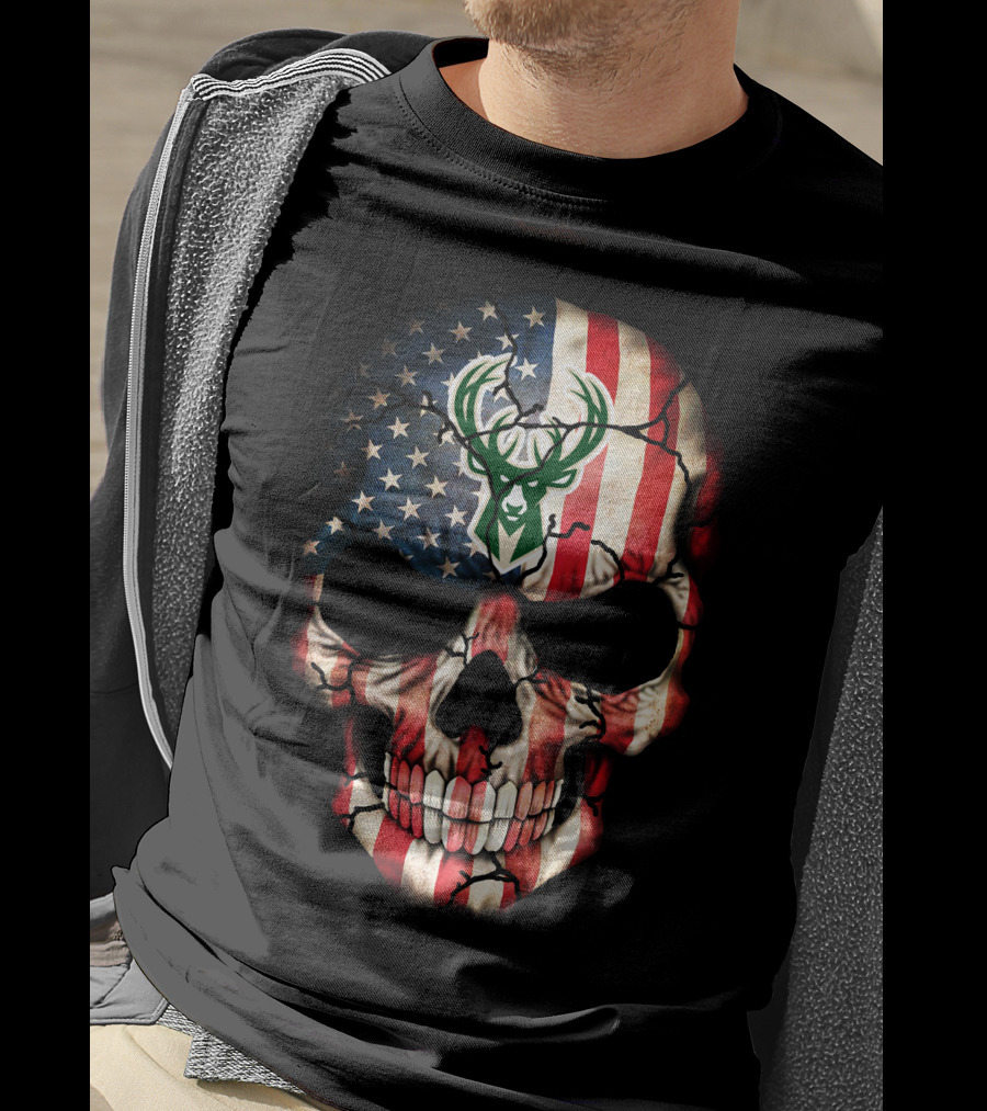 American Flag Skull With Milwaukee Bucks T-Shirt