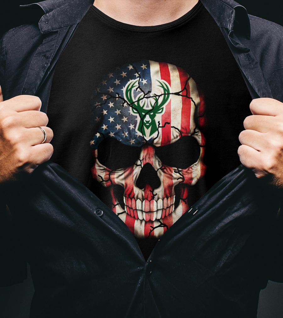 American Flag Skull With Milwaukee Bucks T-Shirt