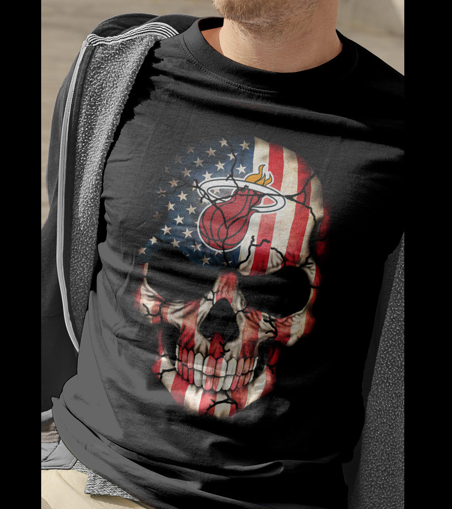 American Flag Skull With Miami Heat Basketball T-Shirt