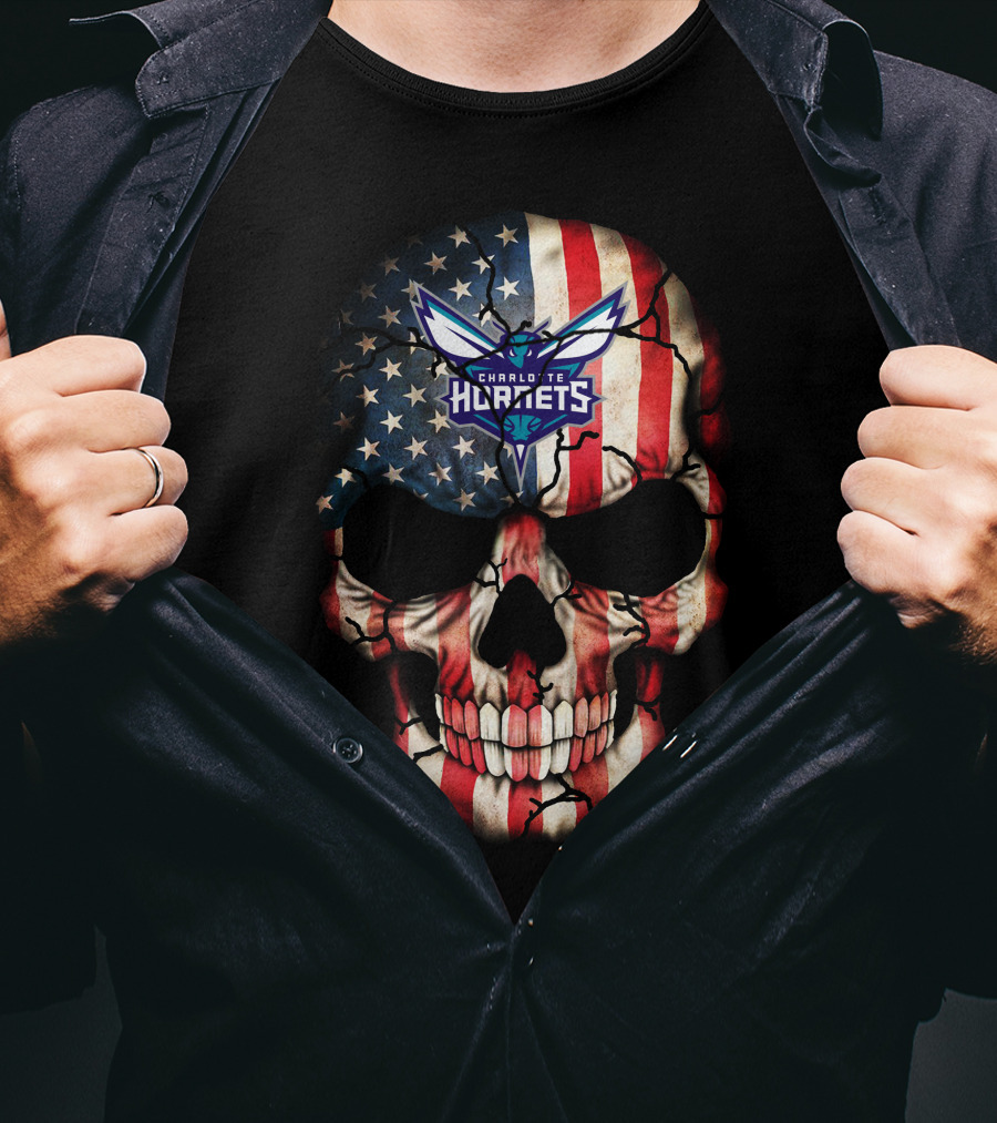 Charlotte Hornets American Flag Skull 211 T-Shirt
