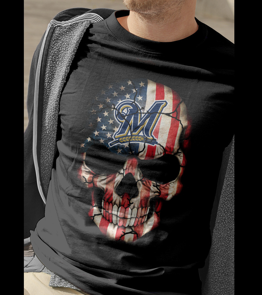 Milwaukee Brewers American Flag Skull With Baseball T-Shirt