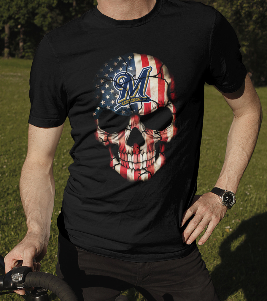 Milwaukee Brewers American Flag Skull With Baseball T-Shirt