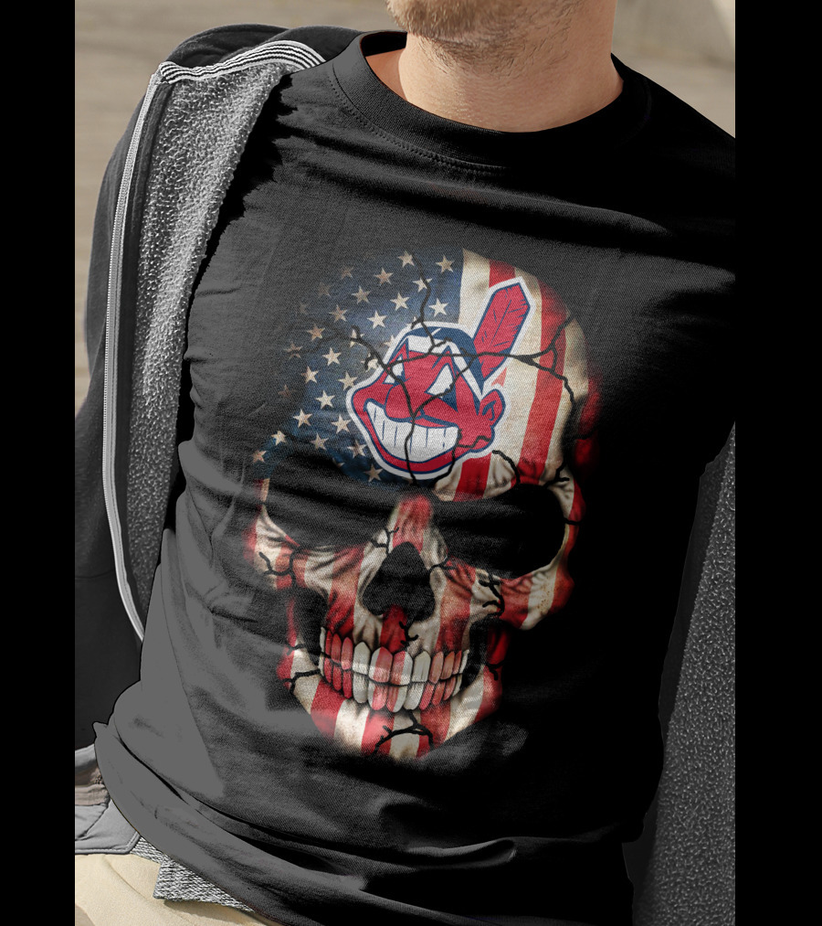 Skull With American Flag And Cleveland Indians T-Shirt