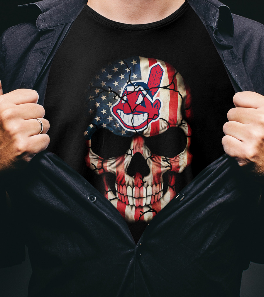 Skull With American Flag And Cleveland Indians T-Shirt
