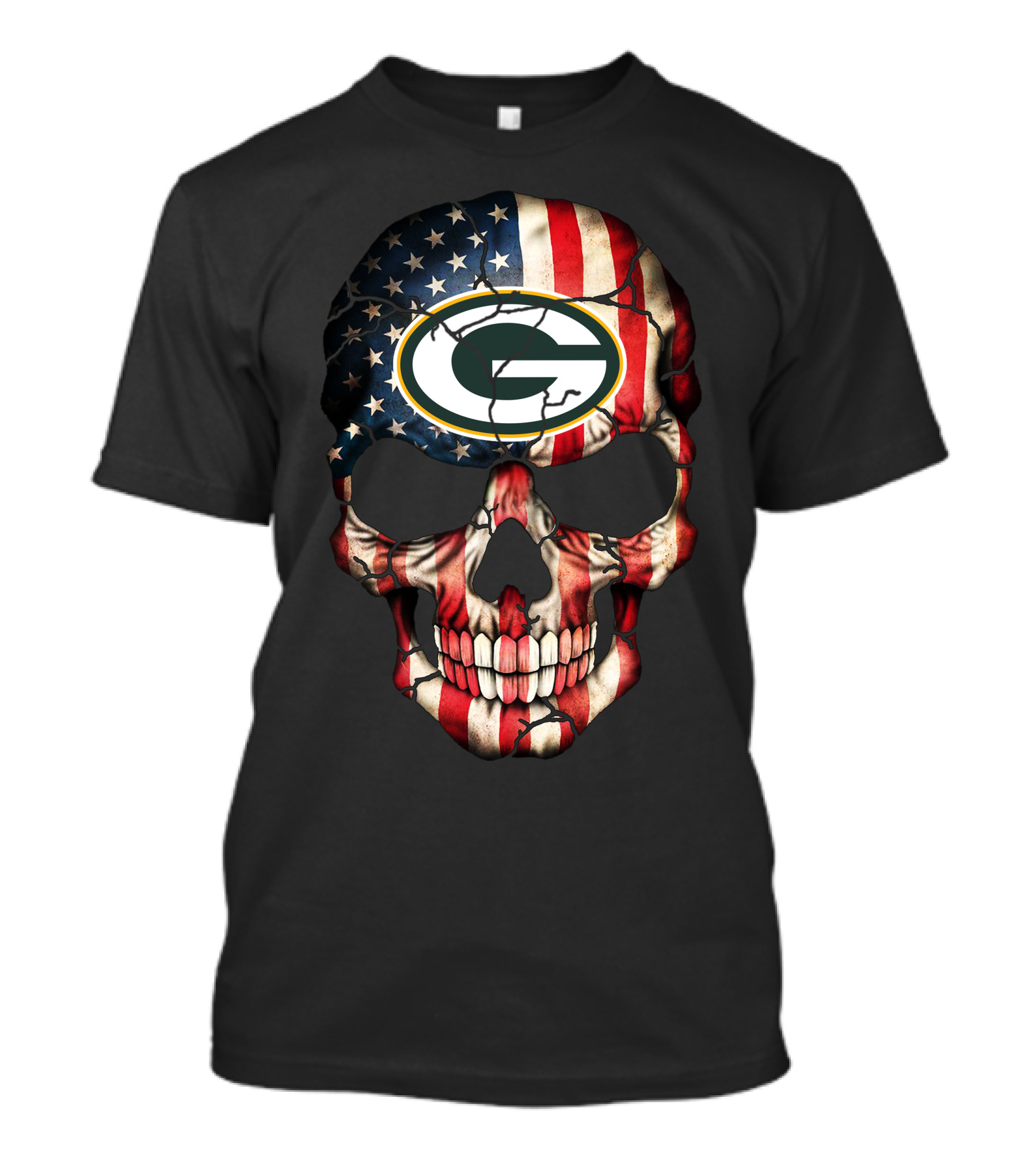 Green Bay Packers American Flag Skull T-Shirt