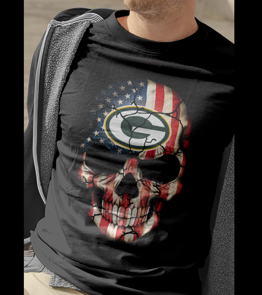Green Bay Packers American Flag Skull T-Shirt
