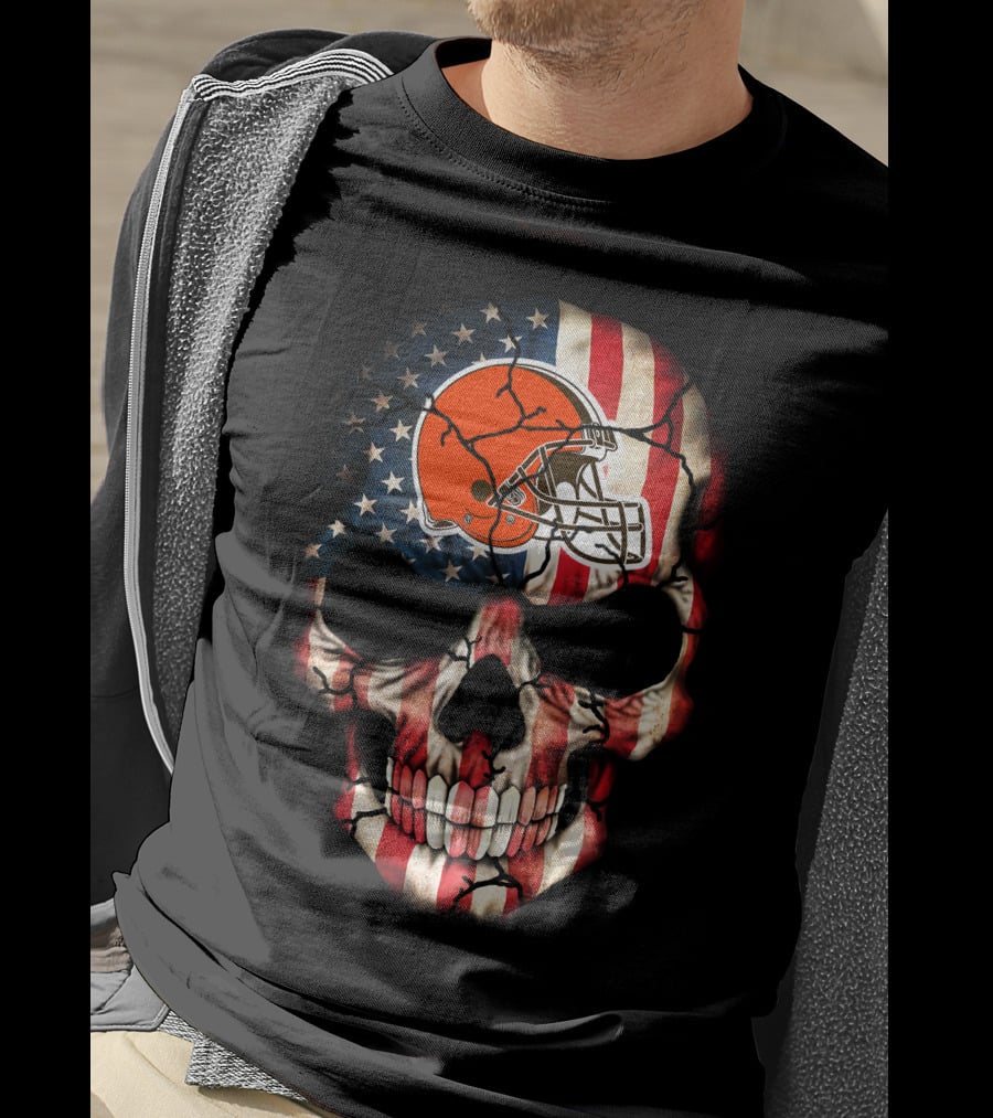 Cleveland Browns Skull American Flag Helmet Stars Stripes T-Shirt