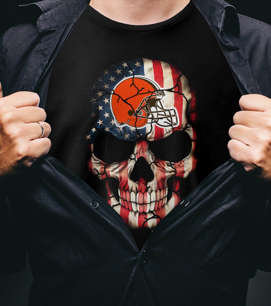 Cleveland Browns Skull American Flag Helmet Stars Stripes T-Shirt