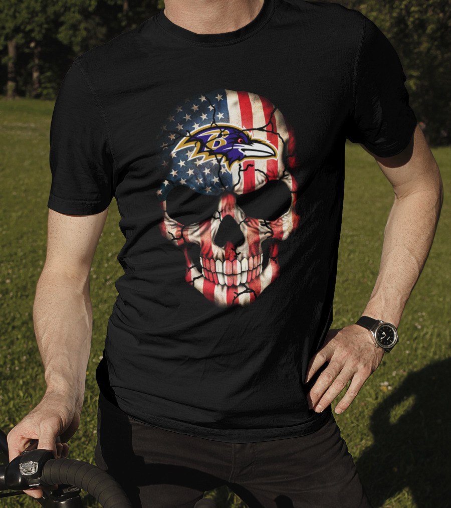 Baltimore Ravens Patriotic American Flag Skull T-Shirt