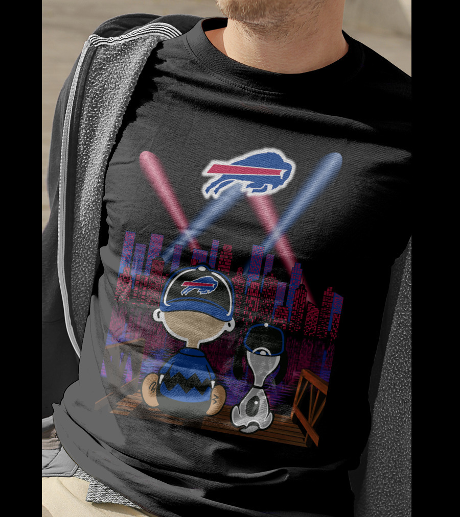 Buffalo Bills Skyline With Snoopy And Charlie Brown On A Pier T-Shirt