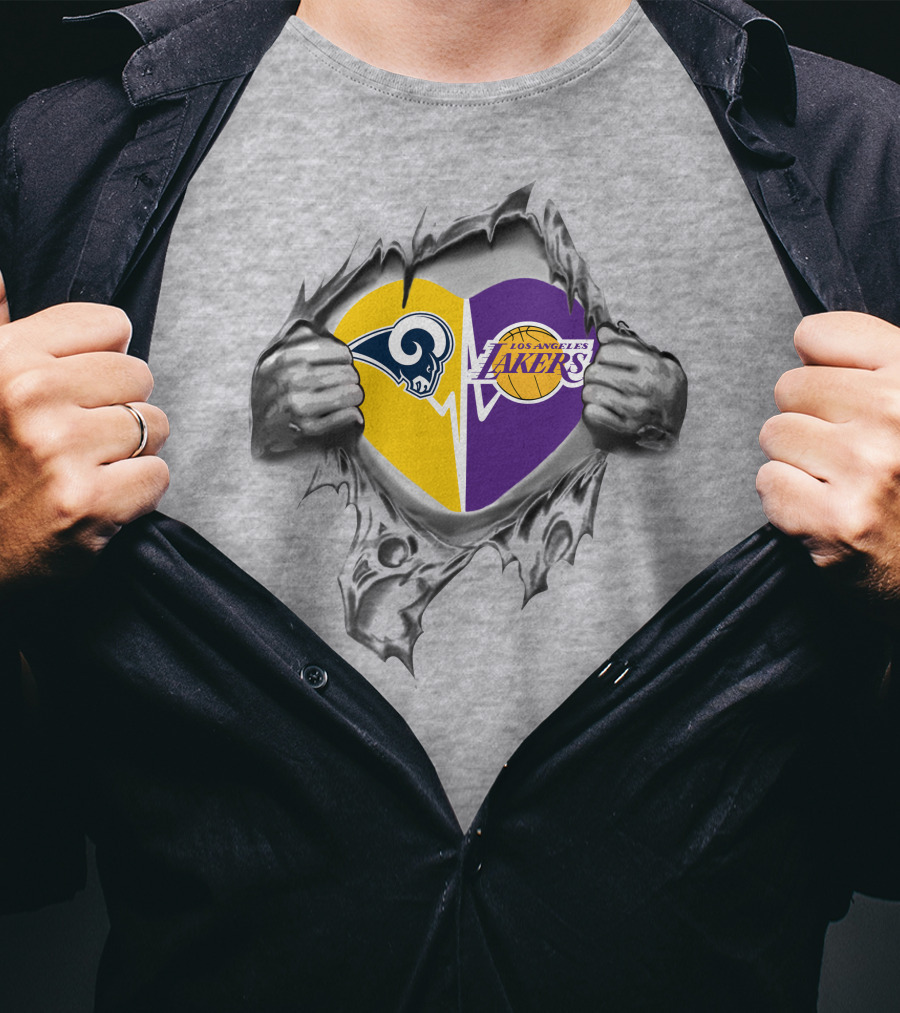Lakers Rams Heart Logo Design With Emerging Hands T-Shirt