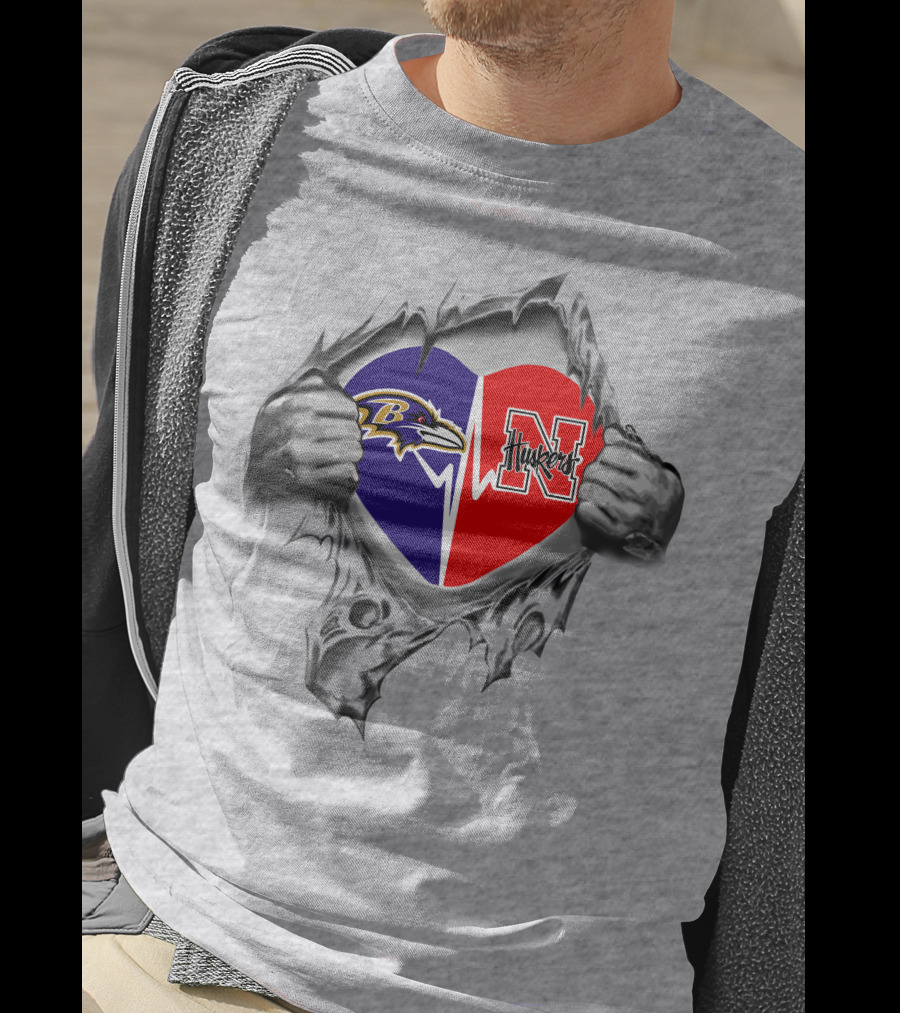 Ravens Nebraska Cornhuskers Heart Rip Logo Fusion T-Shirt