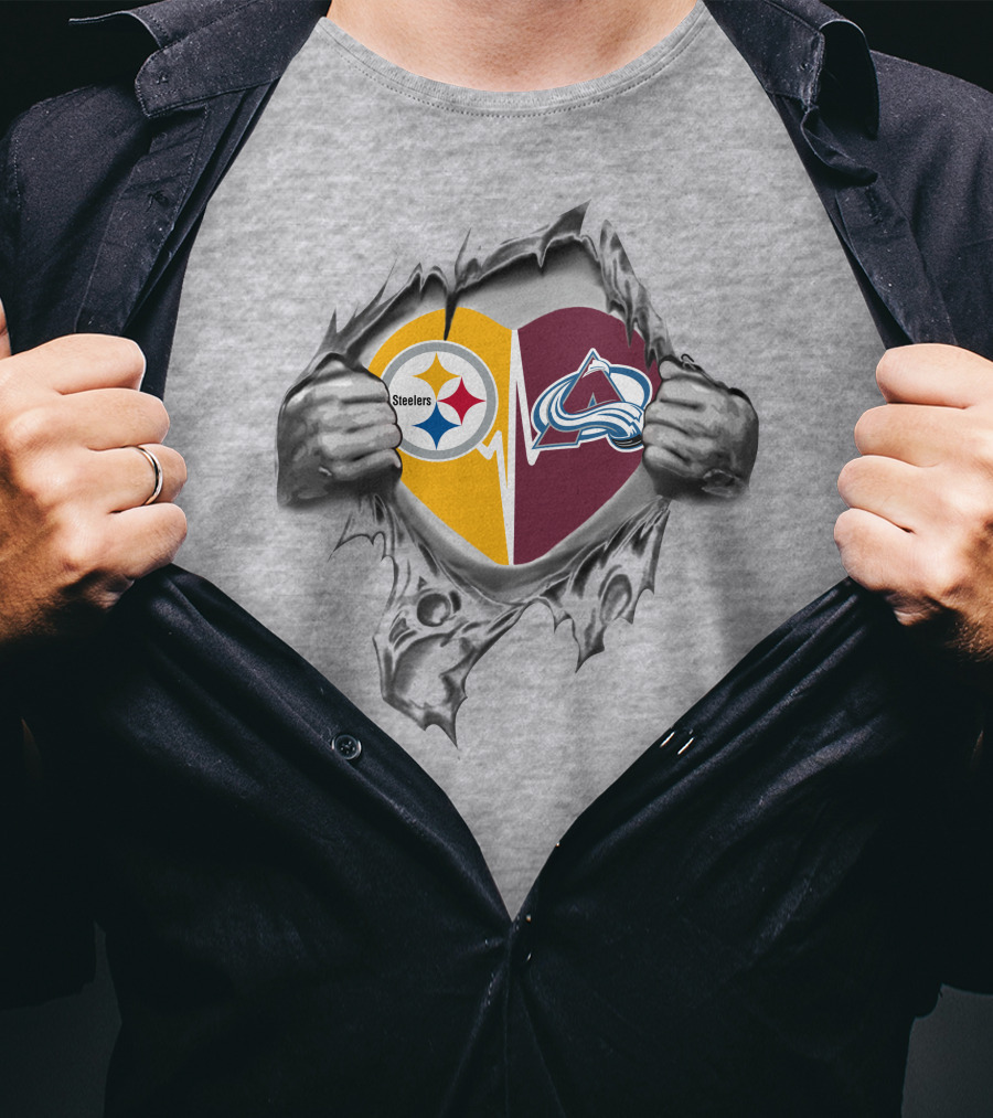 Steelers Colorado Avalanche Heart With Logos Torn Metal Effect T-Shirt