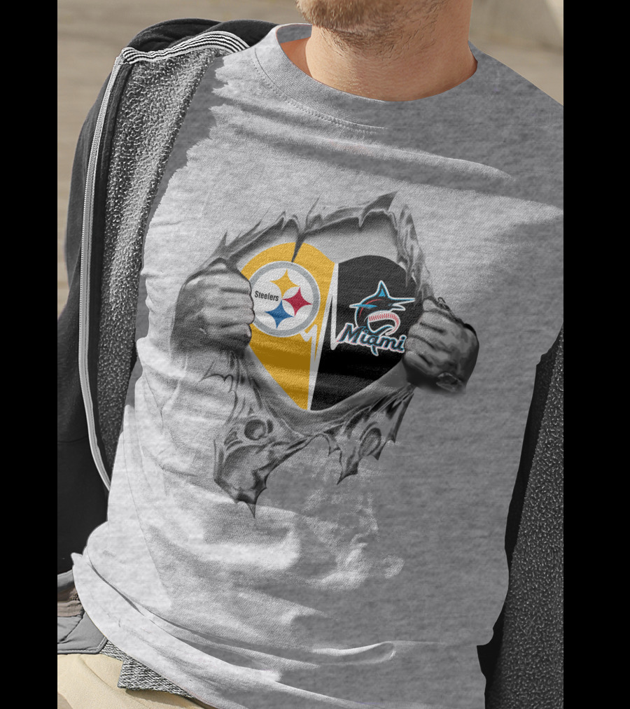 Steelers Miami Marlins Heart Logo Tear T-Shirt