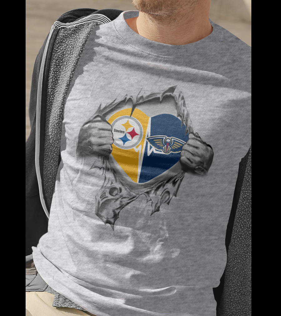 Steelers New Orleans Pelicans Heart Logos Peeking Through Torn Surface T-Shirt