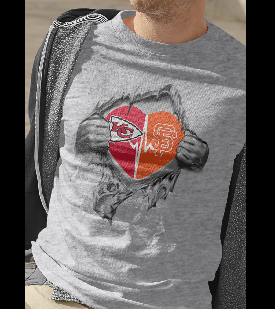 Chiefs San Francisco Giants Heart With Logos Chiefs Arrowhead Sf Monogram T-Shirt