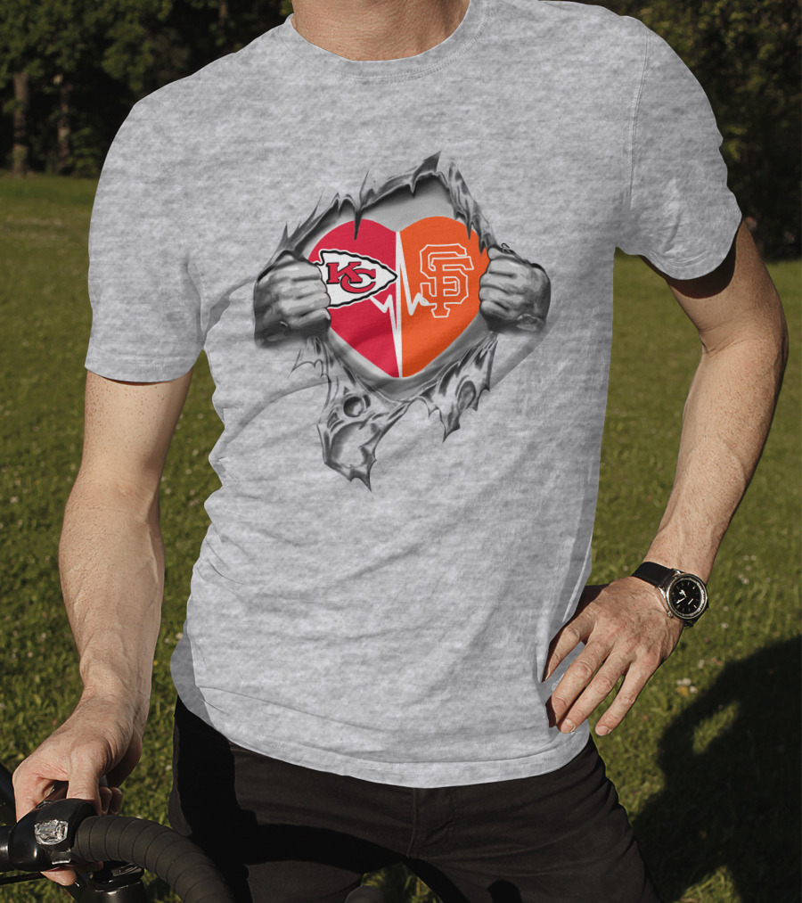 Chiefs San Francisco Giants Heart With Logos Chiefs Arrowhead Sf Monogram T-Shirt