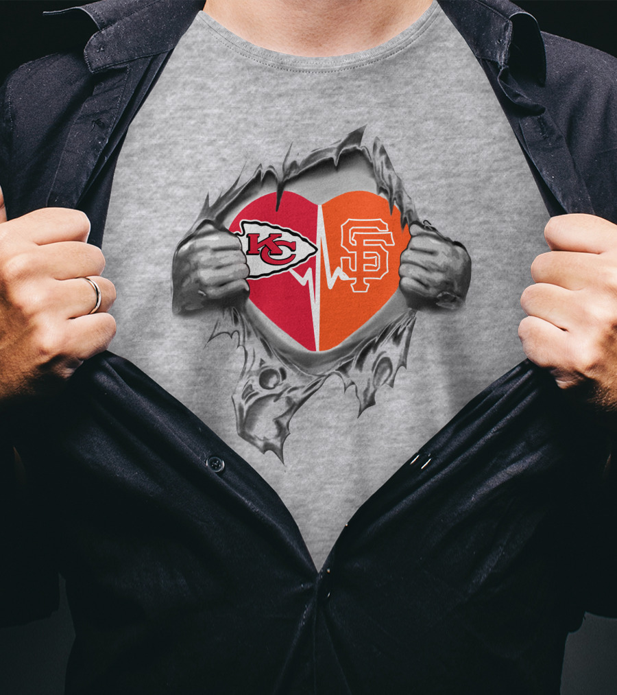 Chiefs San Francisco Giants Heart With Logos Chiefs Arrowhead Sf Monogram T-Shirt